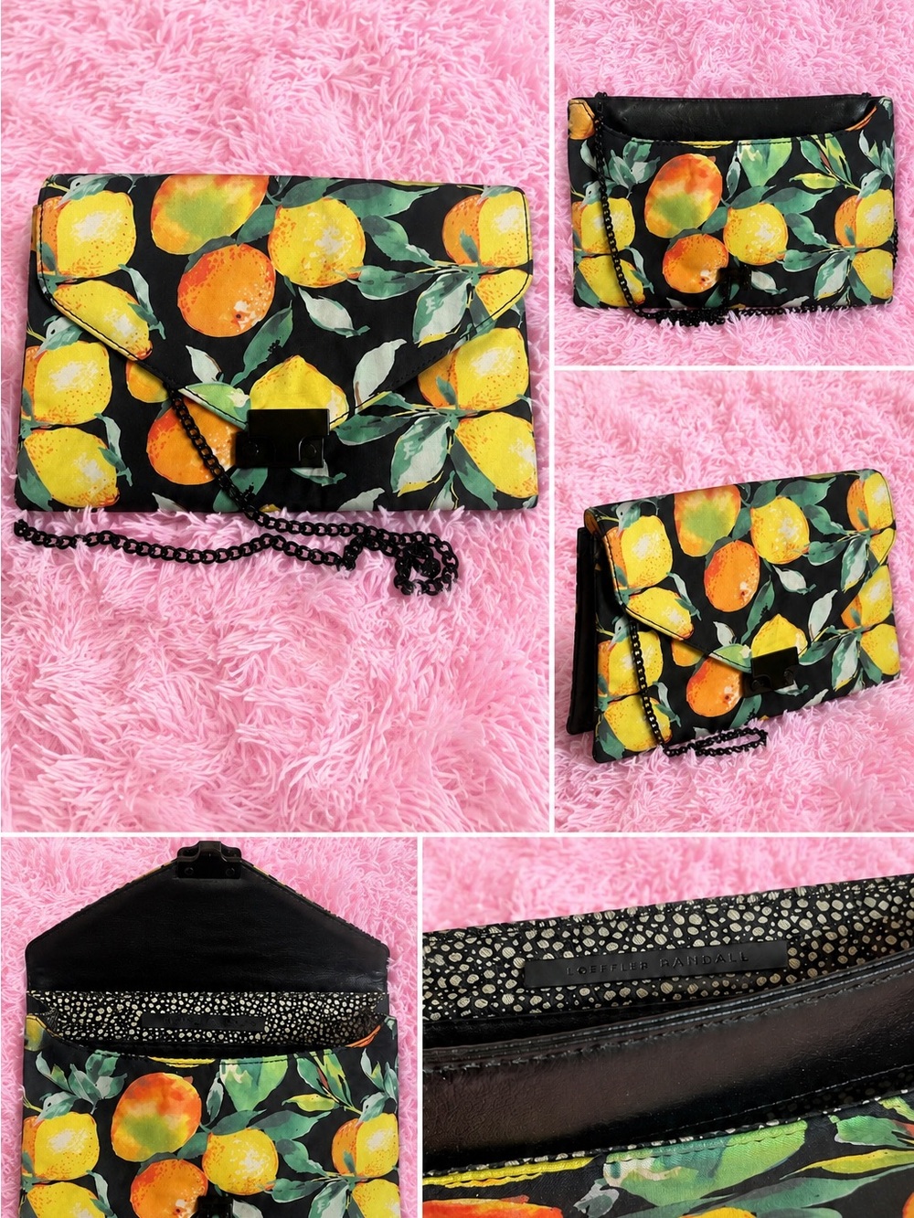 AUTHENTIC Loeffler Randall Black Floral Citrus Crossbody Clutch Vacation Vibes